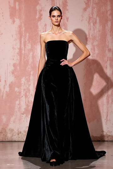 Simple Black Velvet A-Line Strapless Evening Dress